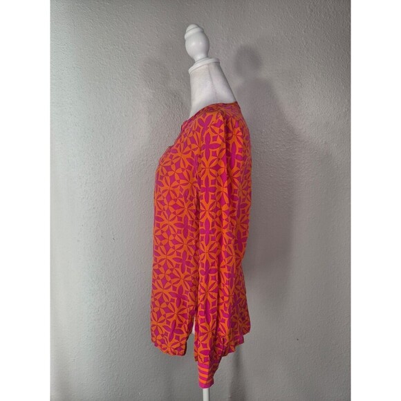 Trina Turk Silk M Tropical Split Neck Blouse Shirt Long Sleeve Pink Orange N37 - Picture 2 of 7